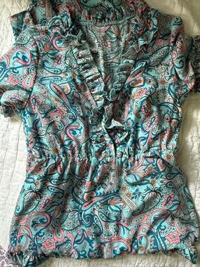 Women's Ruffled Paisley Blouse - Teal & Pink